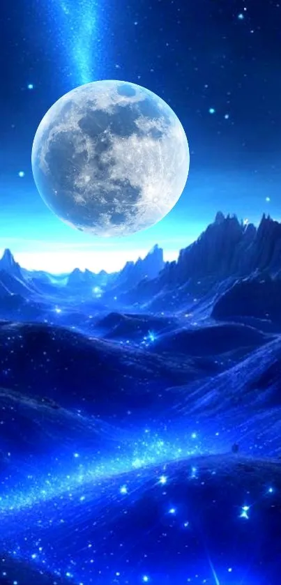 Mystical blue landscape with stars and mountains in a night sky.