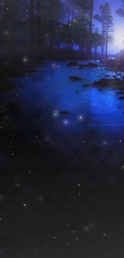 Mystical blue night scene with river and stars.