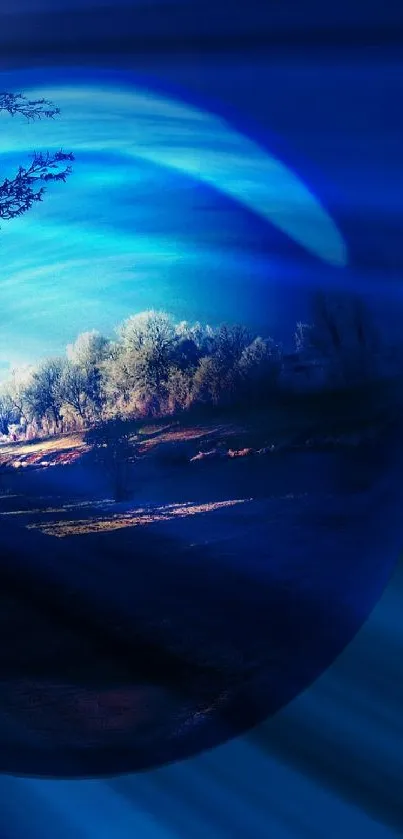 Mystical blue orb featuring a serene landscape.