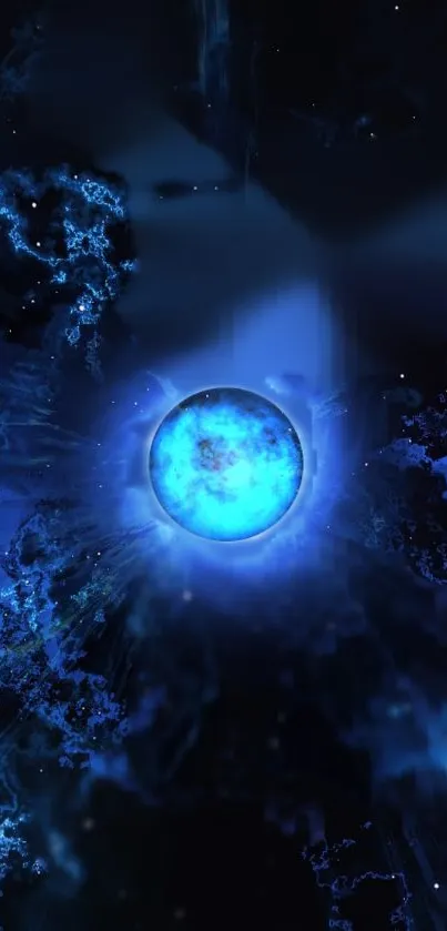 Mystical blue orb glowing in cosmic dark blue background.