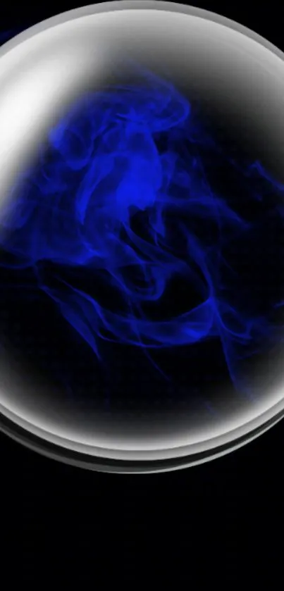 Futuristic blue orb with swirling smoke on a dark background wallpaper.