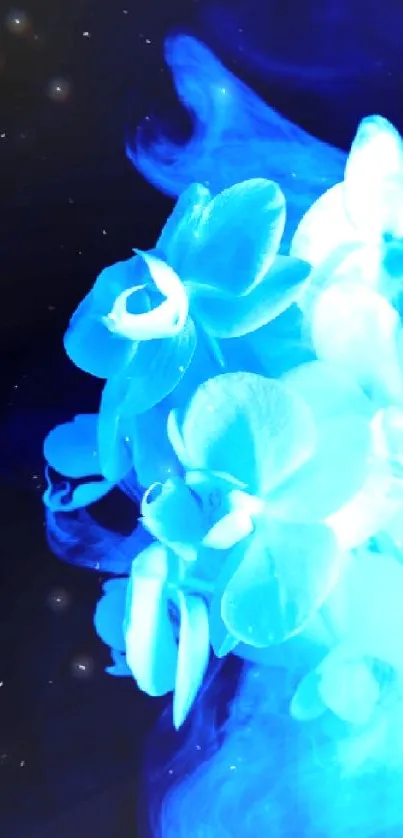 Mystical blue orchids with ethereal smoke effect.