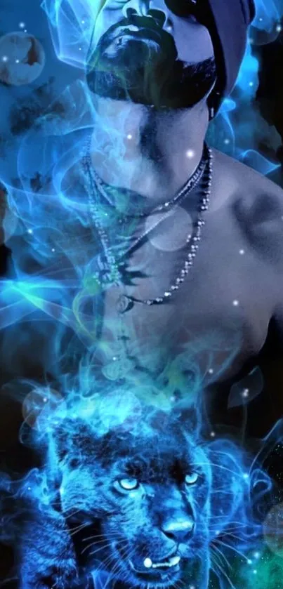 Ethereal man and blue panther with mystical smoke effects in vivid colors.