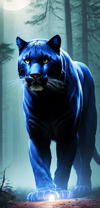 Blue panther in moonlit forest, mystical mobile wallpaper.