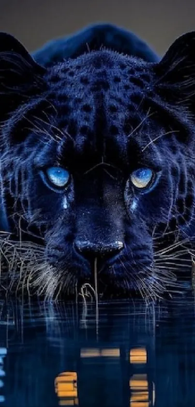 Blue-eyed panther by water in dark setting.