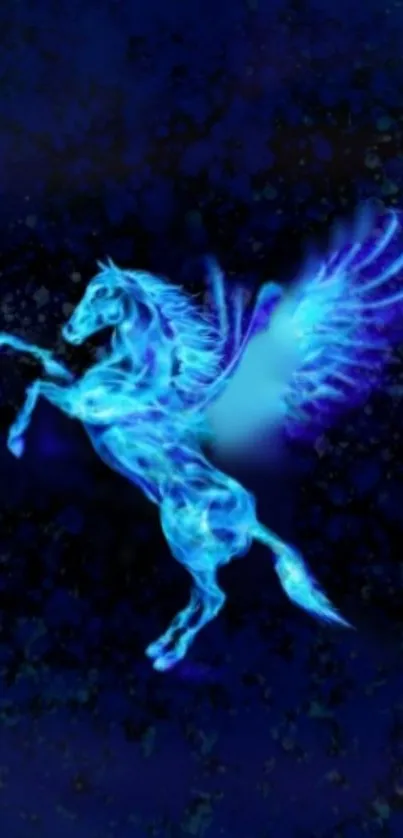 Mystical blue Pegasus with neon wings on a dark background.