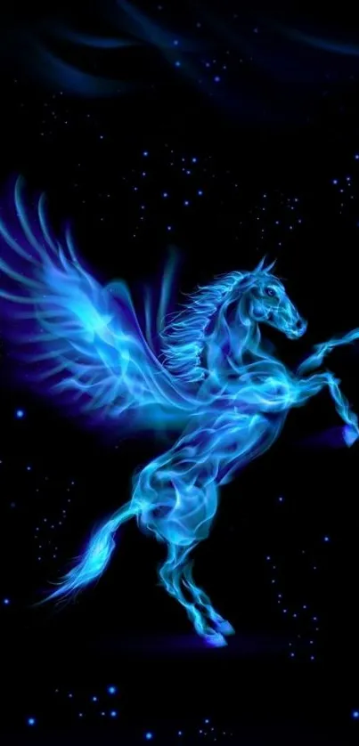 Mystical neon blue pegasus in starry night sky.