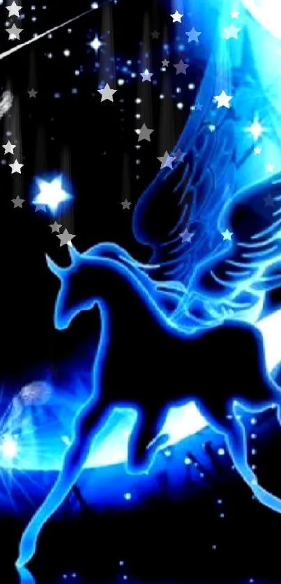 Mystical blue Pegasus with stars on phone wallpaper.