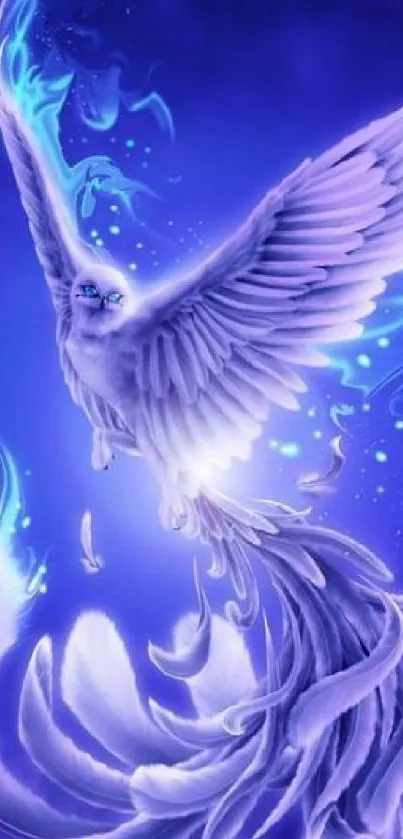 Mystical blue phoenix with glowing wings in fantasy art wallpaper.