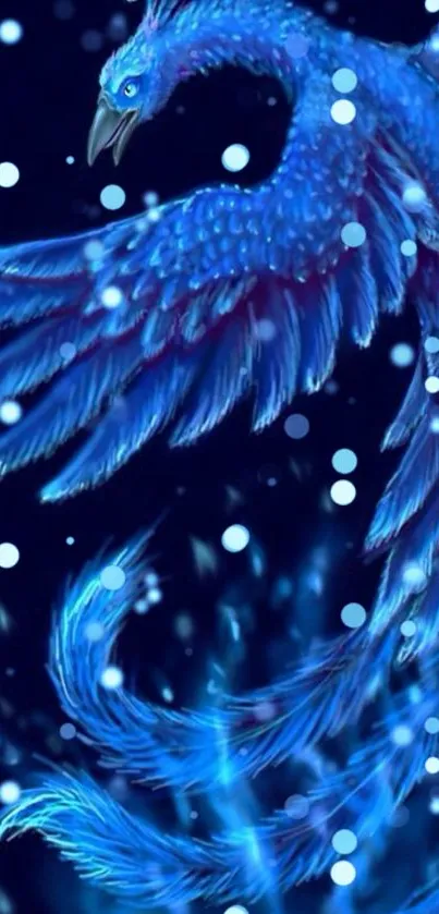 Mystical blue phoenix soaring in night sky wallpaper