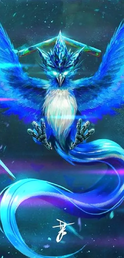 Vibrant blue phoenix artwork with intricate details and mystical appeal.