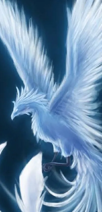 Mystical blue phoenix with elegant wings on a dark background.