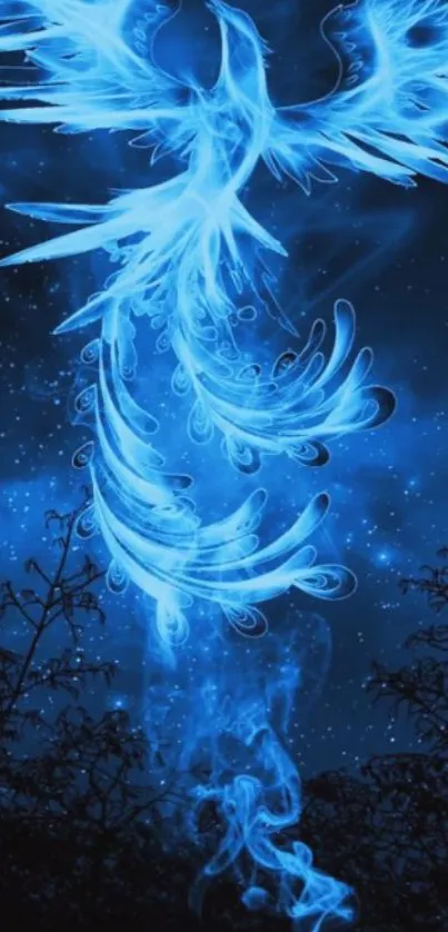 Mystical blue phoenix soaring in a starlit night sky.