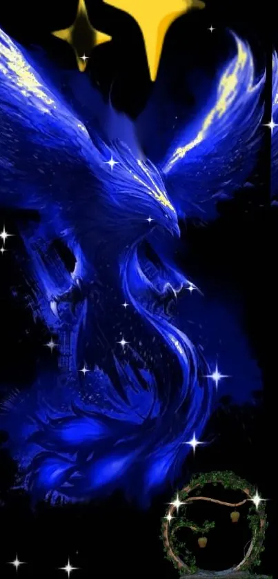 Blue phoenix with glowing stars on a dark background.