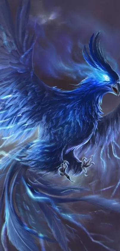 Mystical blue phoenix in flight under the moonlight, captured vibrantly in digital art.