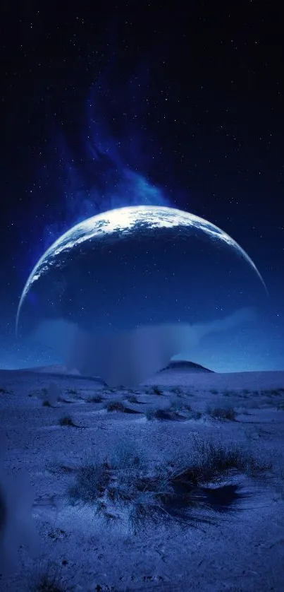 A mystical blue planet rising over a tranquil desert under a starry night sky.