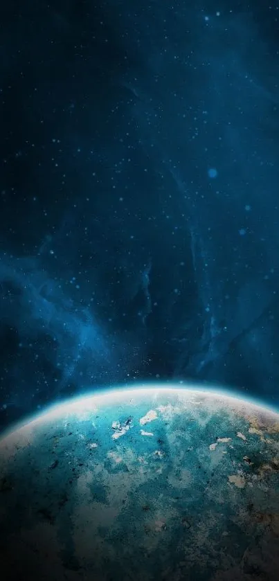 Mystical blue planet against the cosmic night sky as phone wallpaper.