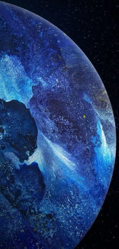 Dark blue cosmic wallpaper of a planet in deep space.