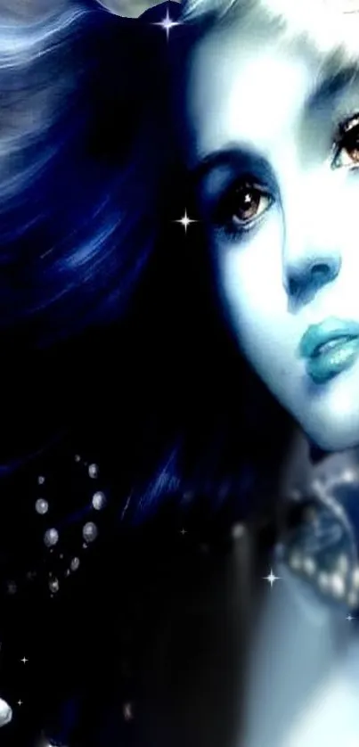 Mystical blue portrait art wallpaper featuring ethereal design.