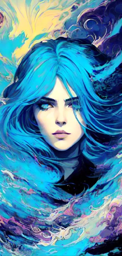 Mystical portrait with blue hair and swirling vibrant patterns.