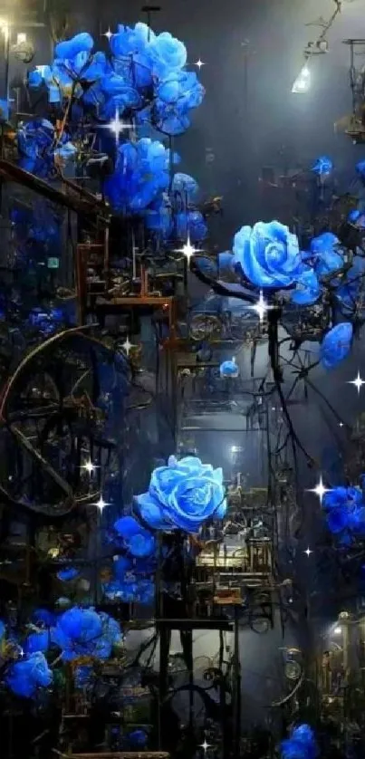 Vibrant blue roses on a mystical dark background wallpaper.