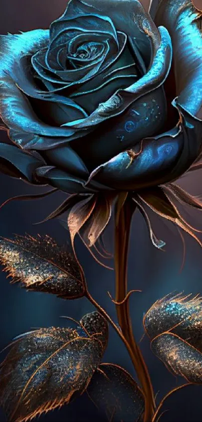 Mystical blue rose on a dark background with metallic leaves.