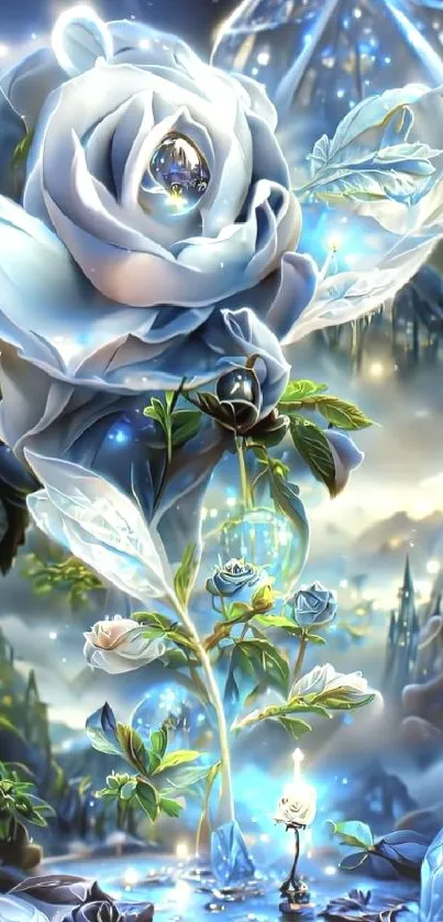 Mystical blue rose with glowing crystals and a dreamy background.