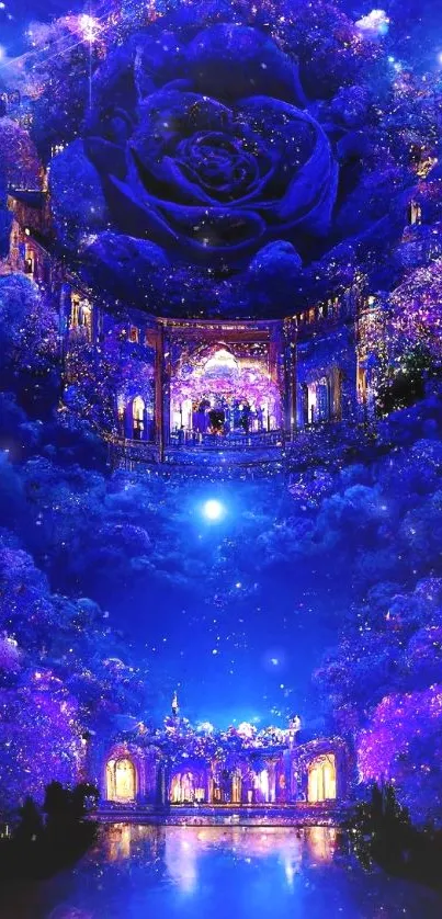 Enchanting mobile wallpaper featuring a mystical blue rose in a celestial scene.