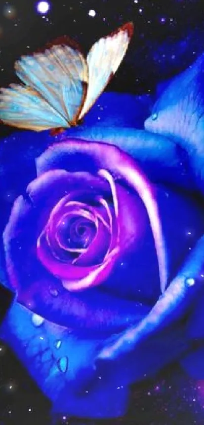 Blue roses and butterflies under a galaxy sky.