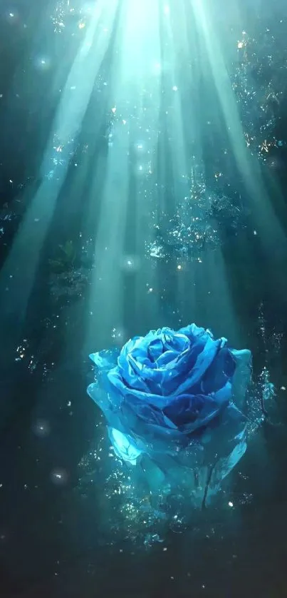 Mystical blue rose with glowing light beams, creating an ethereal screen display.