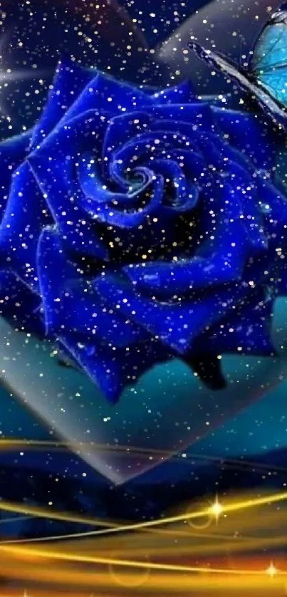 Enchanting blue rose heart with butterfly mobile wallpaper.