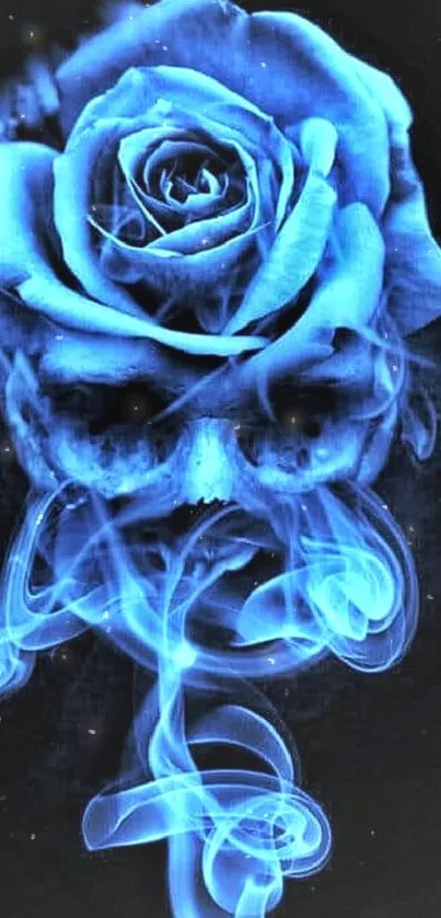 Blue rose merging with skull in mystical artwork.