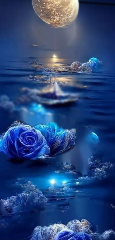 Blue rose and moonlit water mobile wallpaper.