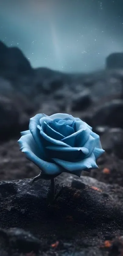 A mystical blue rose grows in a cosmic landscape, surrounded by a dark, ethereal background.