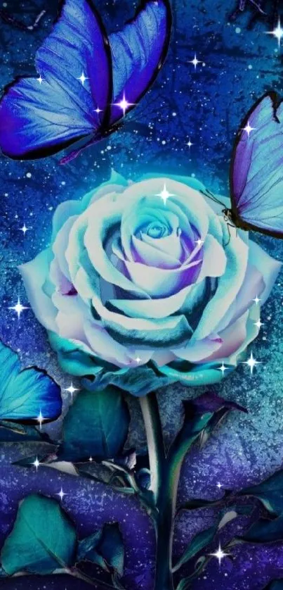 Mystical blue rose with vivid butterflies on a galaxy backdrop.