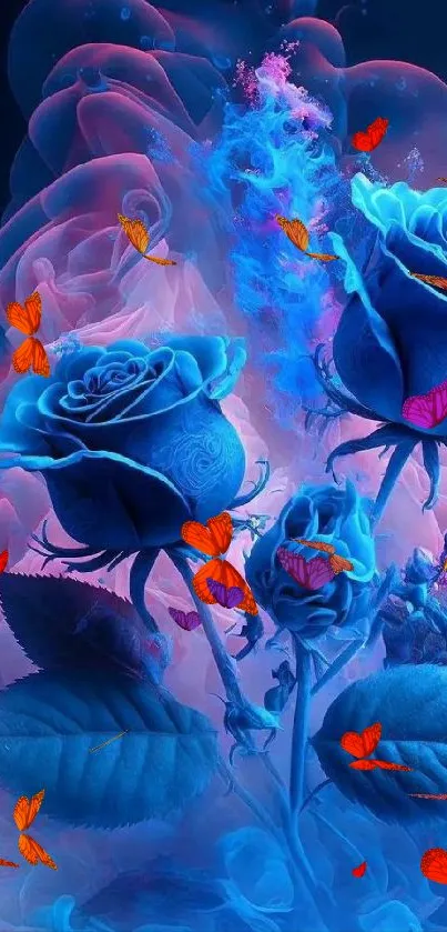 Blue roses surrounded by mystical pink mist.