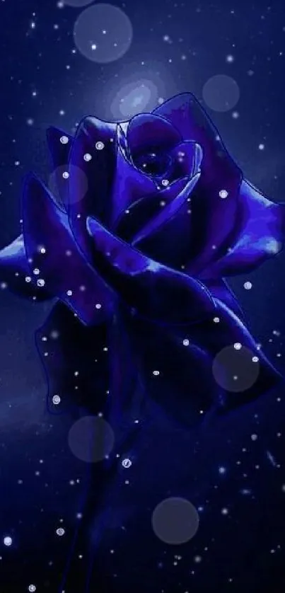 Mystical blue rose against a starlit night sky.