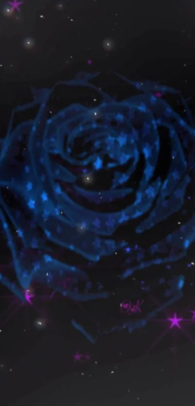 Mystical blue rose with purple stars on a dark background.