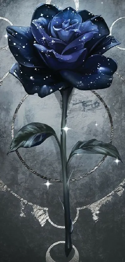 Mystical blue rose with celestial background design.