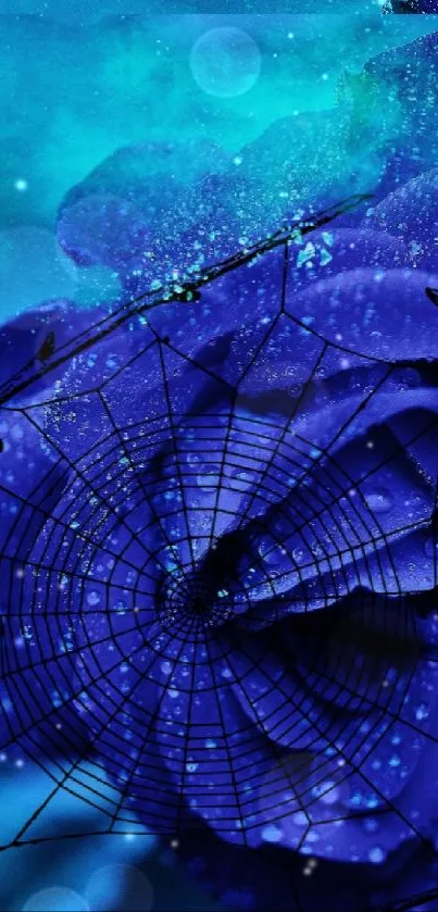 Mystical blue rose with dew and spiderweb effect on wallpaper.