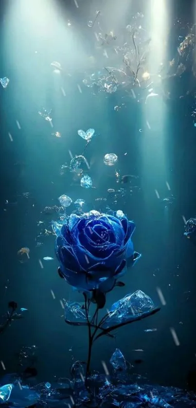 A mystical blue rose with glowing light beams and crystal-like elements.