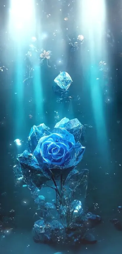 Mystical blue rose with crystal accents and light beams in a dark setting.