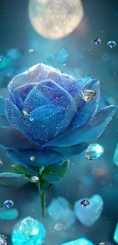 Mystical blue rose with crystals under moonlight.