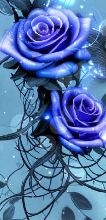 Mobile wallpaper with blue roses and butterflies.