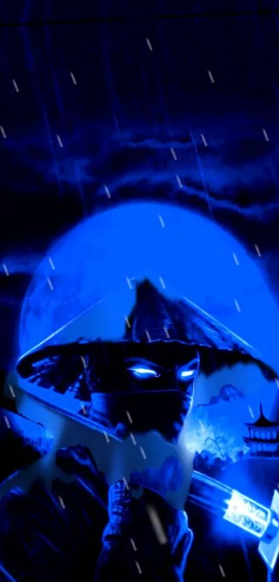 Blue samurai with sword under a full moon, artistic wallpaper design.