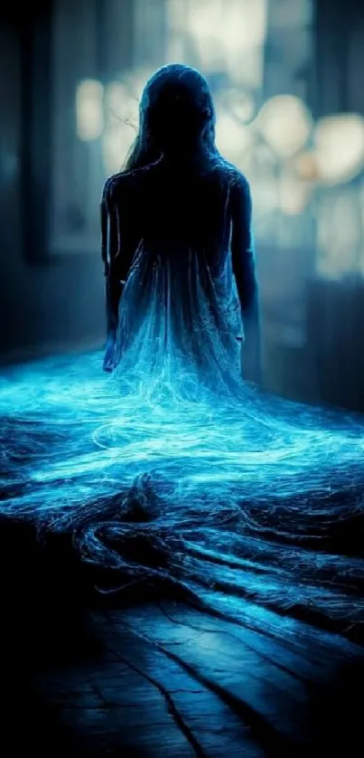 Glowing blue silhouette in a mystical setting.