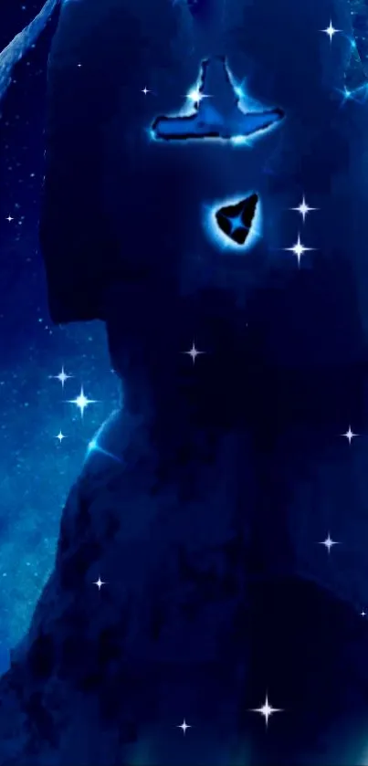 Mystical blue silhouette with stars on a dark night background wallpaper.