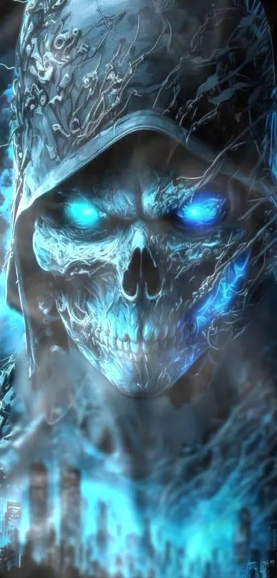 Mystical blue skull digital art with electric hues and a dark fantasy theme.