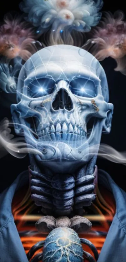 Mystical blue skull with ethereal effects and a surreal atmosphere.