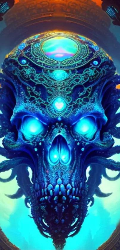 Mystical blue skull art with intricate details, perfect for a phone wallpaper.